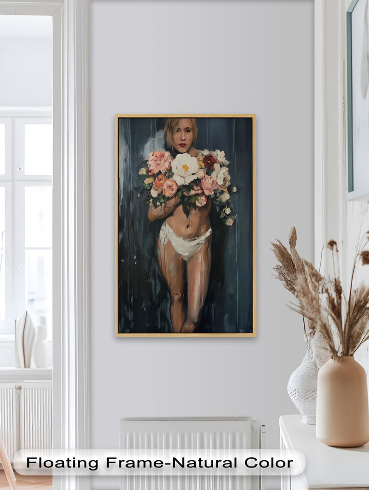 Floral Embrace – Abstract Nude with Blooming Bouquet Oil Painting