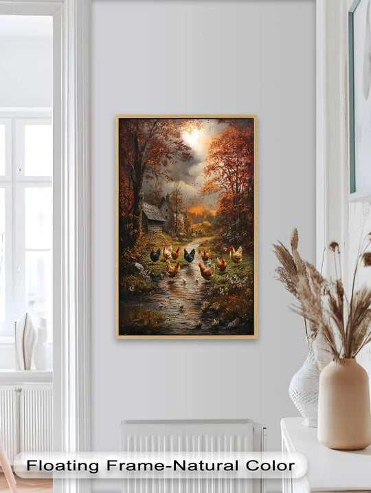 Gentle sunlight softly illuminates the chickens crossing a rustic stream in this evocative animal oil painting art piece, creating a peaceful and inviting countryside scene.