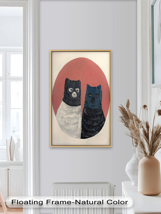 Subtle gradations within the soft pink backdrop accentuate the masked cats, lending an air of mystery to this striking oil painting home decor piece.