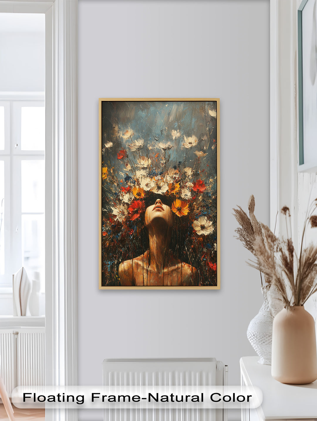 Floral Rebirth – Woman with Blossoming Crown Abstract Oil Painting