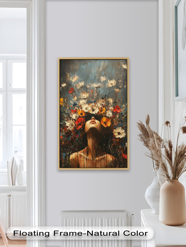 Floral Rebirth – Woman with Blossoming Crown Abstract Oil Painting