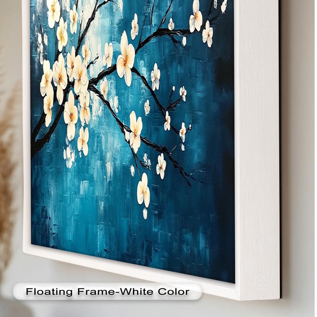 White Blossoms on Blue Wall Art – Floral Oil Painting