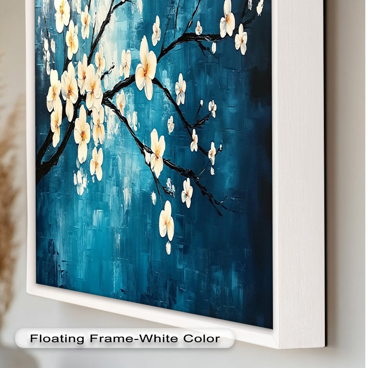 White Blossoms on Blue Wall Art – Floral Oil Painting