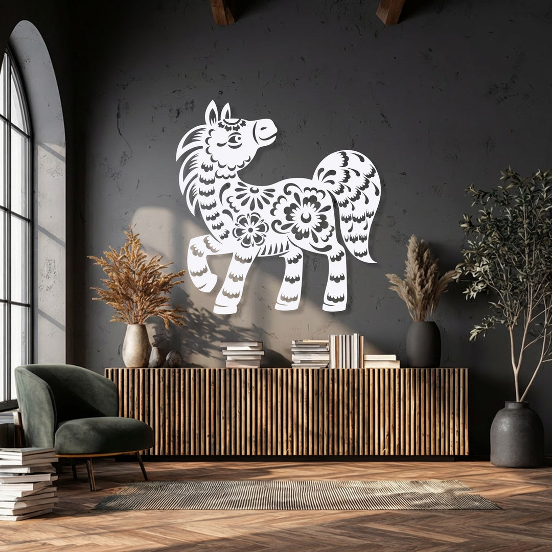 The darkest area, a textured deep gray wall, serves as a backdrop for a white floral pony silhouette, stunning metal decoration wall art.