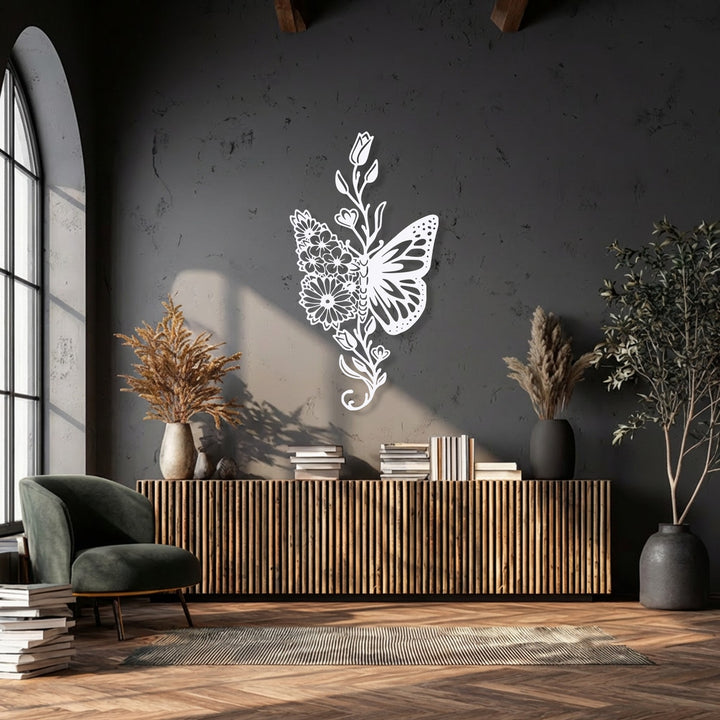 The textured wall behind the intricately smooth unique metal wall art of a floral butterfly fusion creates a captivating contrast.