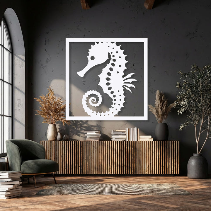 Geometric forms portray a unique metal wall art seahorse with a spiraled tail, dot patterns, and a clean rectangular frame.