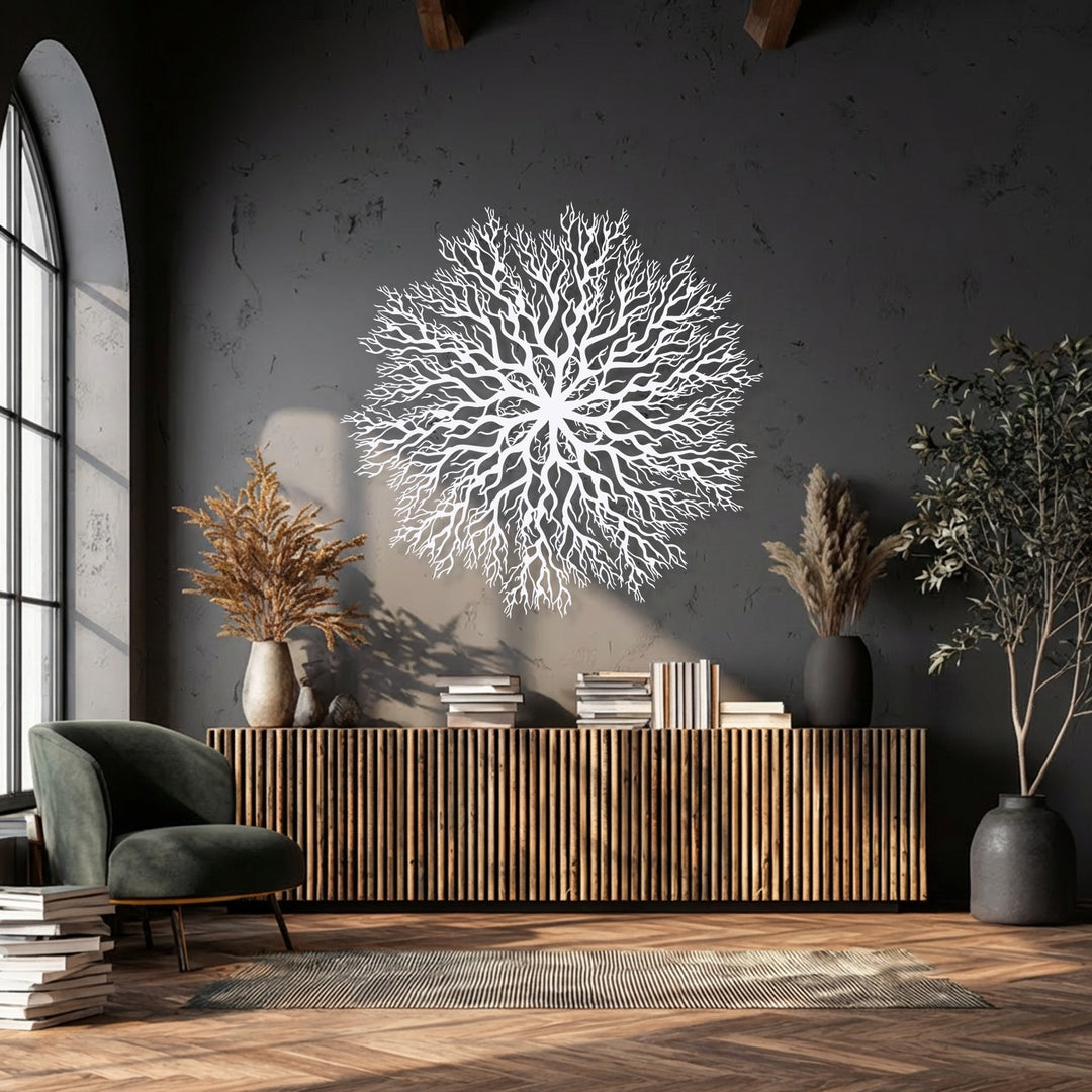 The central subject is an intricate white tree roots mandala, a unique metal wall art piece adorning a dark textured wall.