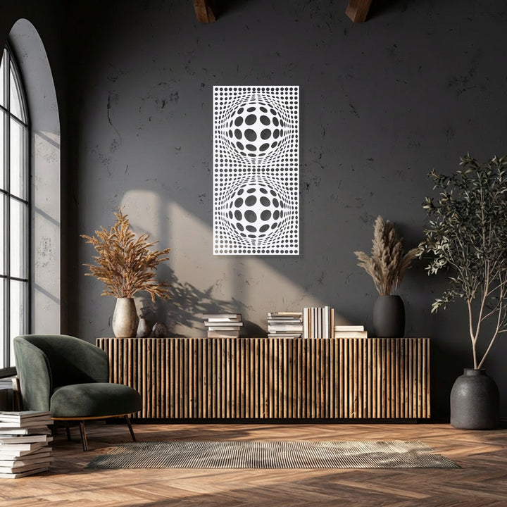 Against the textured charcoal wall, the unique metal wall art featuring hypnotic optical illusion dot patterns stands out boldly.