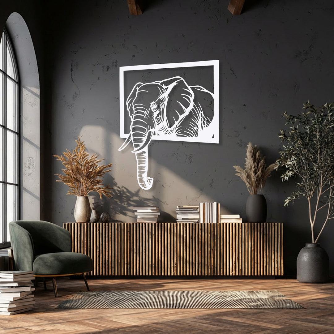 The central subject showcases an impressive emerging elephant framed in a bold white outline, a stunning piece of decorative metal art.