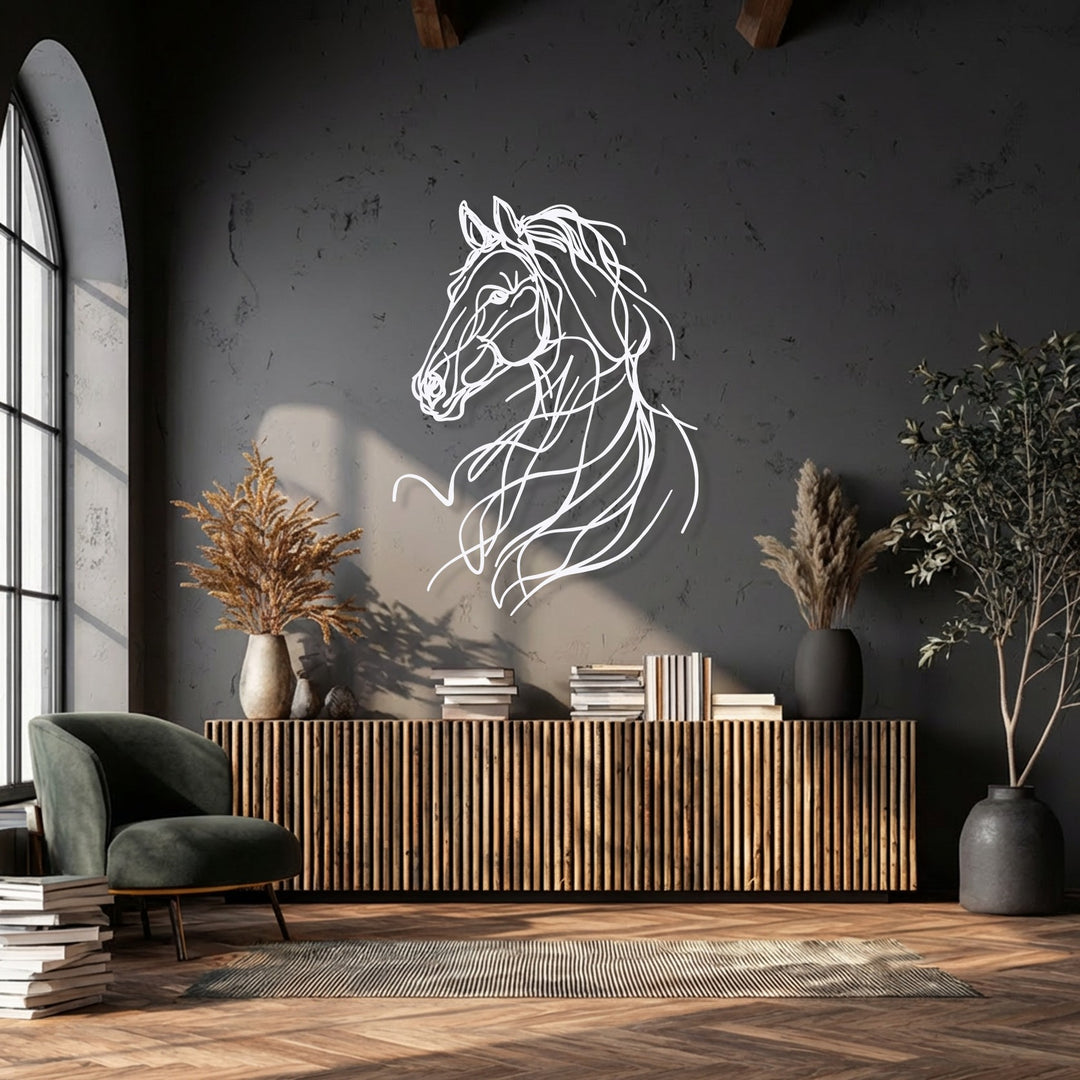 The focal point is a striking white abstract horse line art, a unique metal wall art piece with elegant, flowing lines on a dark textured wall.