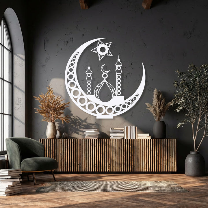 The strong transition of colors from the white Islamic Crescent Moon Mosque metal decoration wall art against the dark gray backdrop.