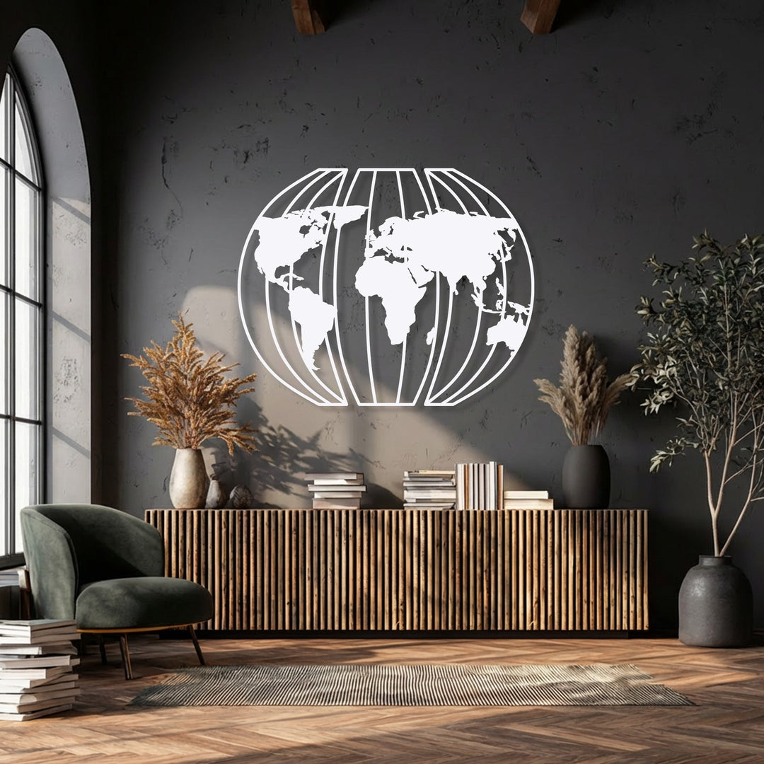 A striped rug and a plush green armchair sit on the wooden floor, complementing the modern 3D globe world map metal wall decor above.