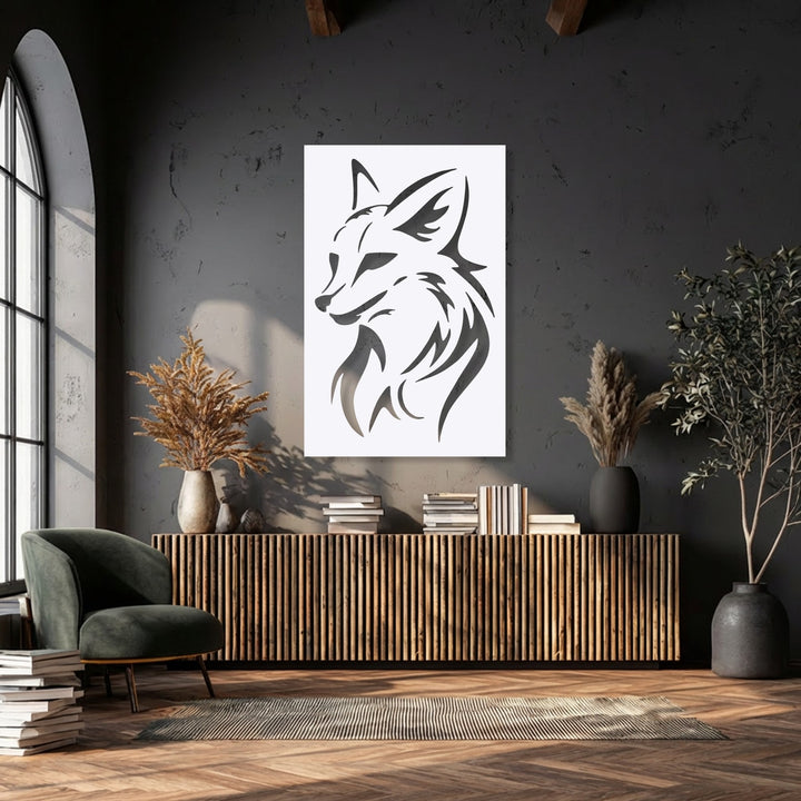 Sunlight creates sharp contrasts and long shadows across the textured wall, accentuating the fierce wolf head silhouette decoration wall art.