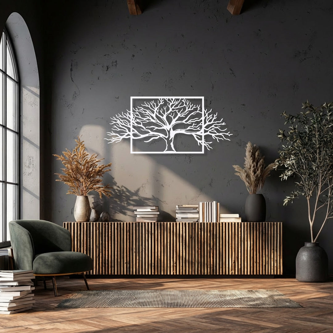 The layered appearance of this white framed tree decorative metal art creates a striking visual depth against the dark textured wall, enhancing its abstract design.