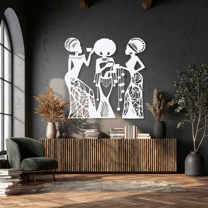 Smooth Sacred Bond metal wall art silhouettes vividly contrast the rough, dark wall texture, enhancing the decoration wall art display.