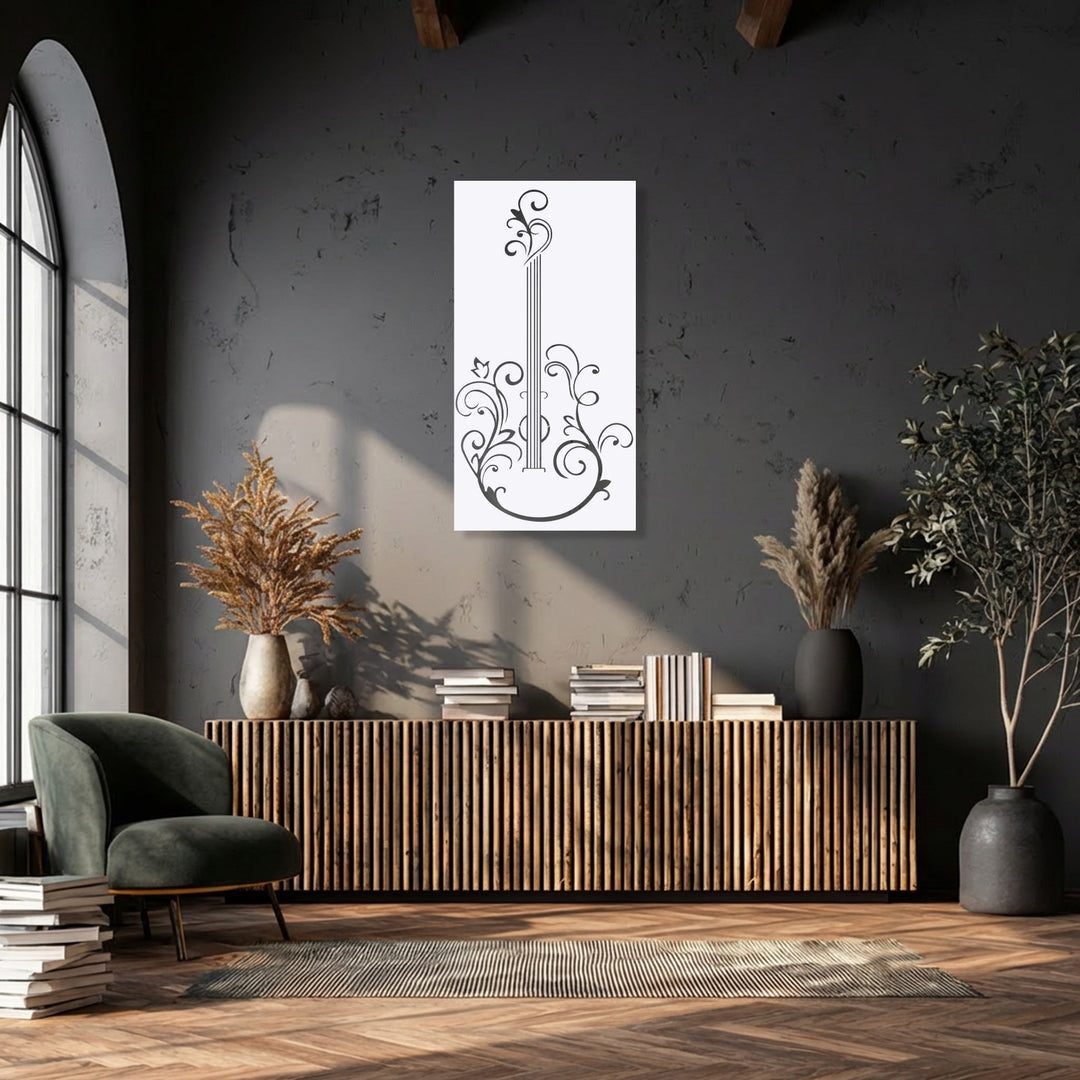 The realistic detail in this interior showcases an elegant guitar silhouette metal wall decor on a textured dark gray wall.