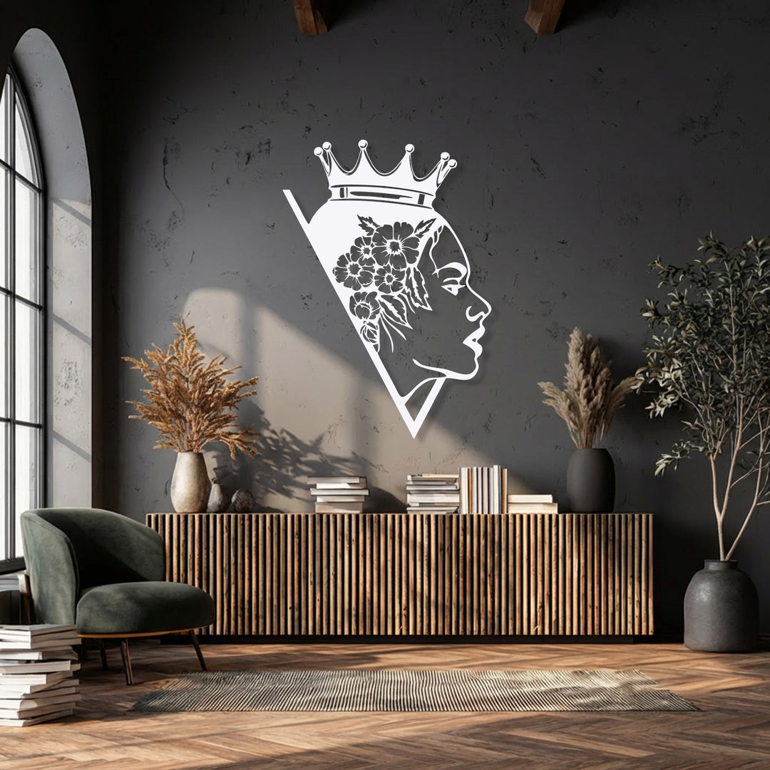The striking color contrast highlights a stark white Floral Queen Silhouette decorative metal art piece against a muted charcoal wall.