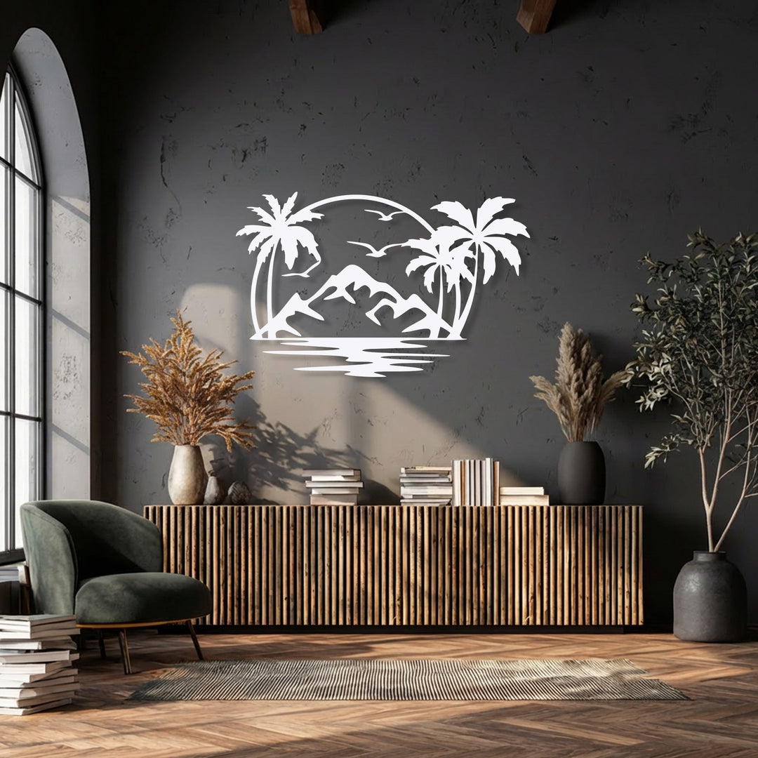A stylish dark green armchair and a tall stack of books rest beside a slatted wooden console, below a unique metal wall art piece.