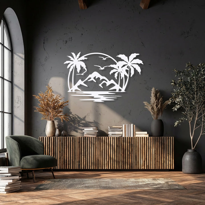 A stylish dark green armchair and a tall stack of books rest beside a slatted wooden console, below a unique metal wall art piece.