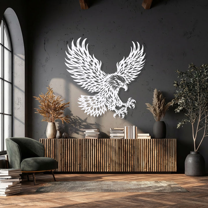 A dark textured wall provides a dramatic backdrop for majestic eagle flight metal art for wall, with an arched window on the left and a wooden console below.