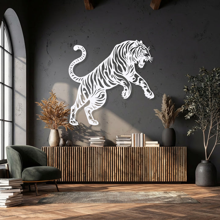 The textured dark background wall prominently displays a white tiger silhouette metal artwork, bathed in sunlight from an arched window.