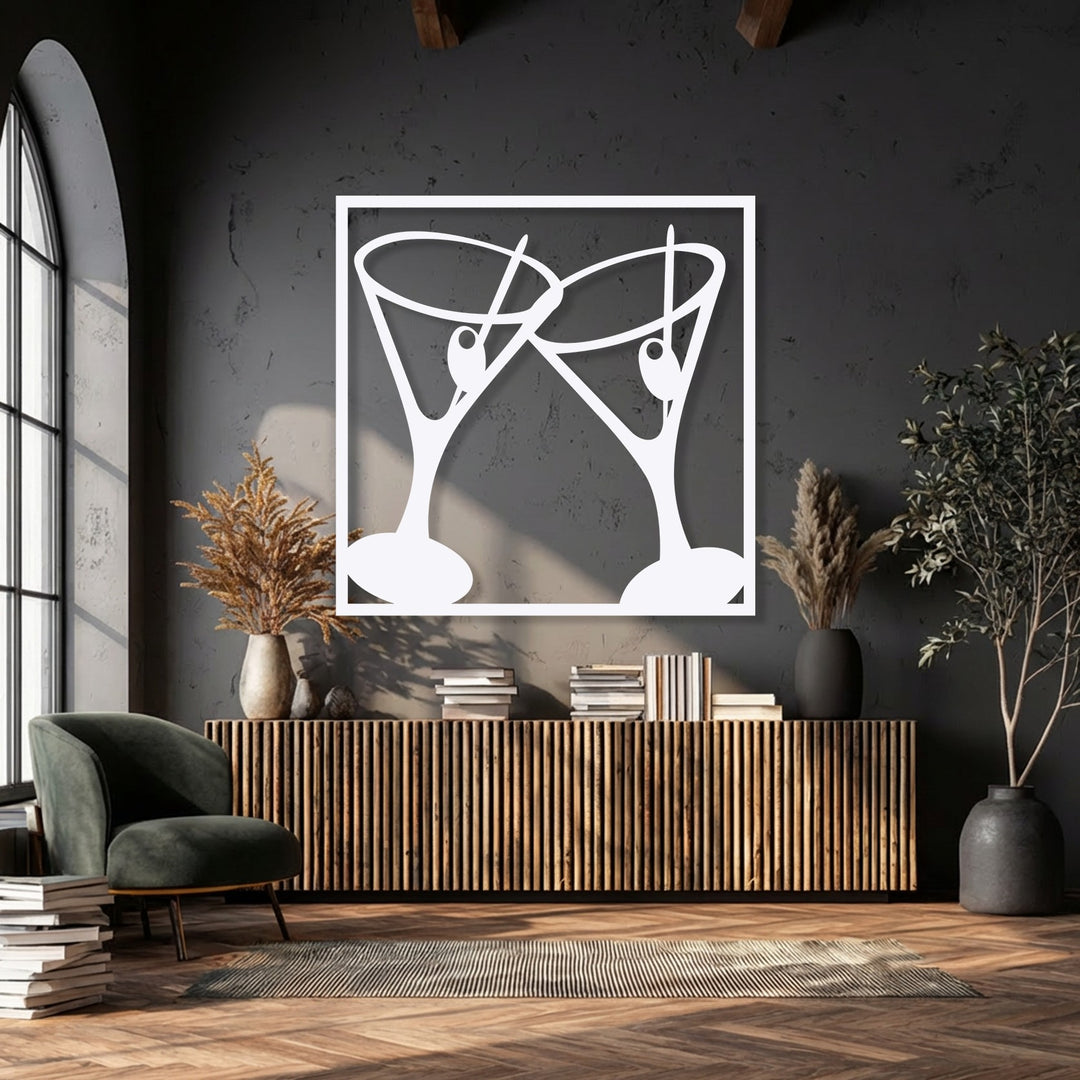 The transition from the dark, textured wall to the luminous white Cheers Cocktail Glasses metal art for wall creates a stark, modern display.