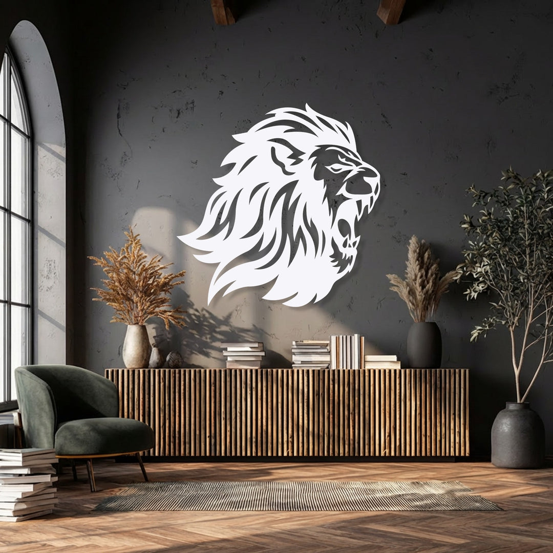 A striking white roaring lion head, a piece of decorative metal art, powerfully dominates a dark modern room.