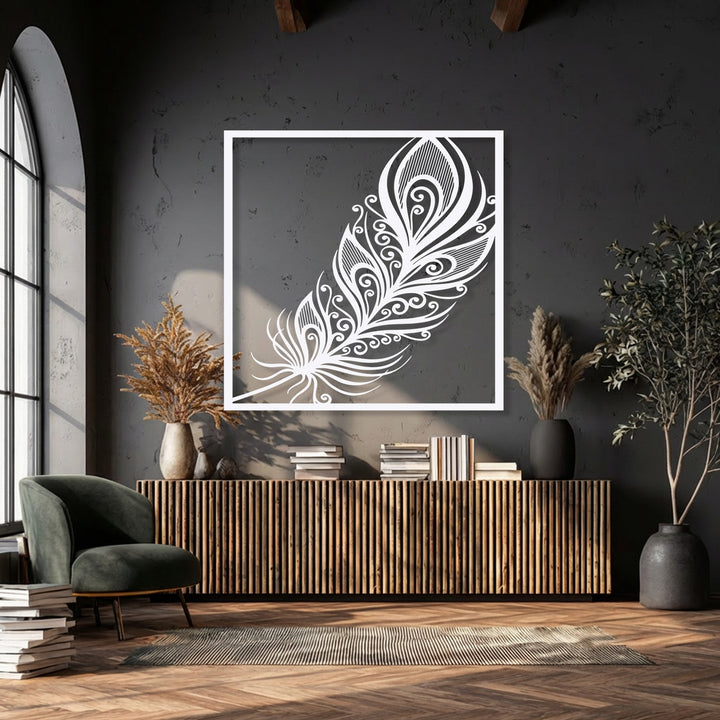 The cool color temperature of this room, featuring an ornate feather unique metal wall art, is elegantly warmed by wooden textures and sunlit accents.
