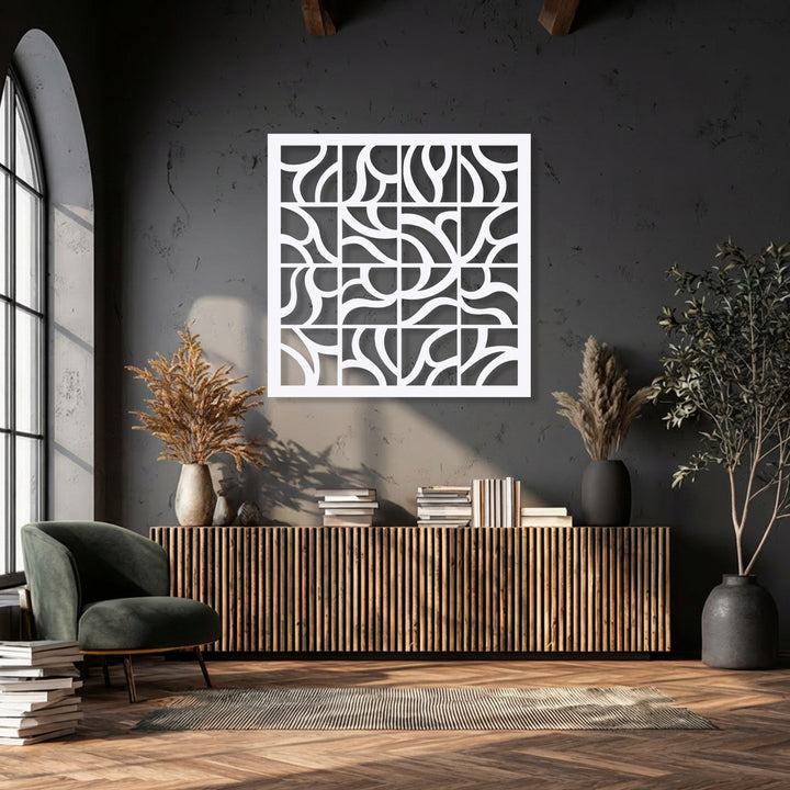 The abstract quality of this modern geometric metal artwork features elegant, fluid patterns arranged in a structured grid.