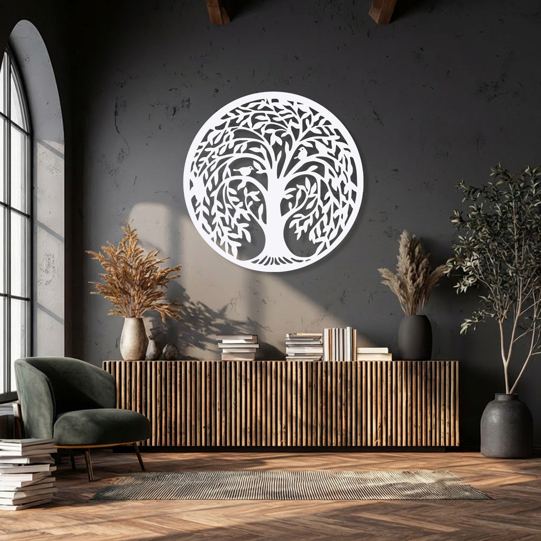 The smooth white finish of the round Tree of Life decorative metal art creates a striking nature-inspired silhouette.