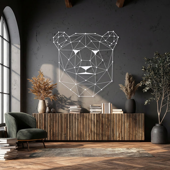 Reduced color saturation gives a sophisticated tone to the geometric bear metal wall decor, providing modern line animal decor.