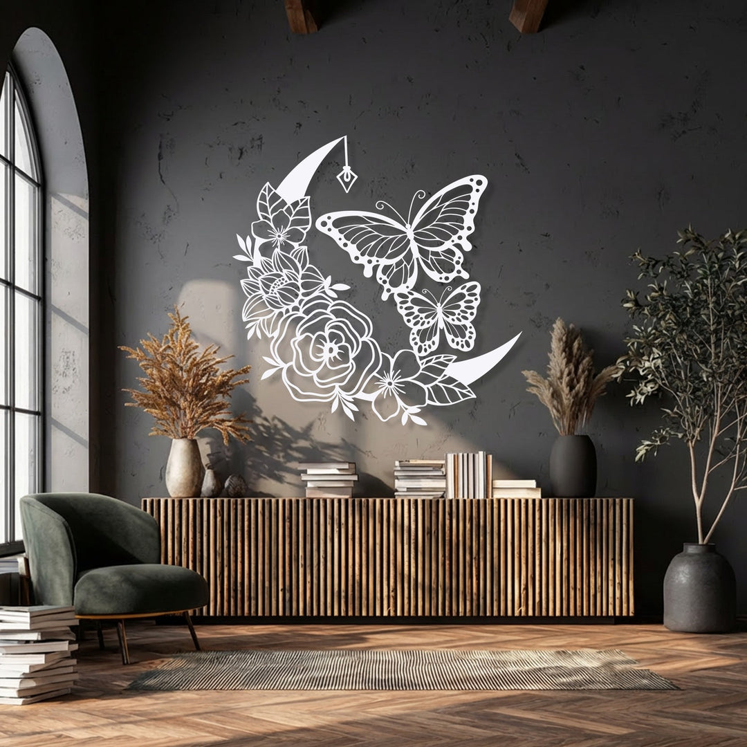 The visual rhythm of the Moonlit Bloom Butterflies metal art for wall is created by the intricate floral and butterfly design within the crescent moon.
