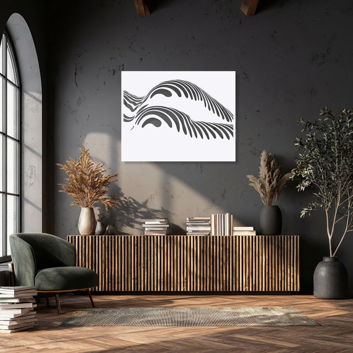 The layered, undulating patterns of the abstract ocean wave metal artwork create significant depth against the textured wall.