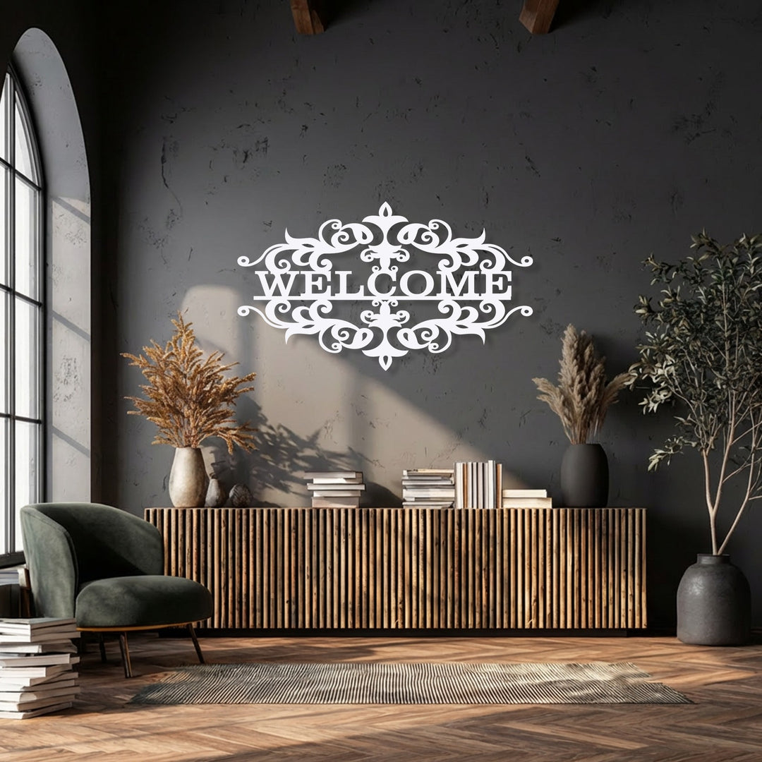 The realistic detail of the intricate white ornate Welcome Emblem, a classic decorative metal wall art piece, stands out beautifully as a decoration wall art element.