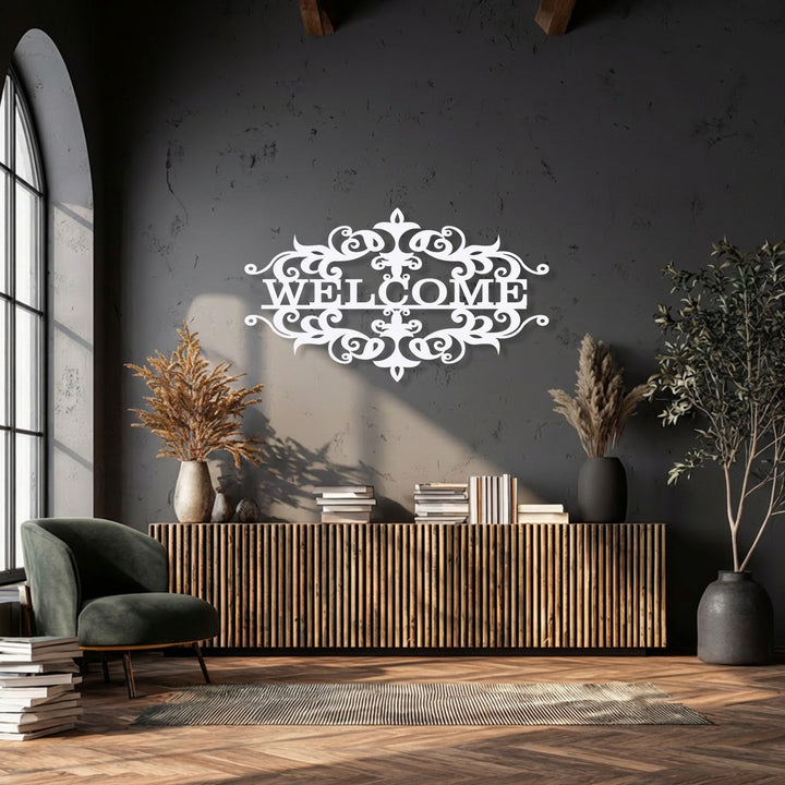 The realistic detail of the intricate white ornate Welcome Emblem, a classic decorative metal wall art piece, stands out beautifully as a decoration wall art element.