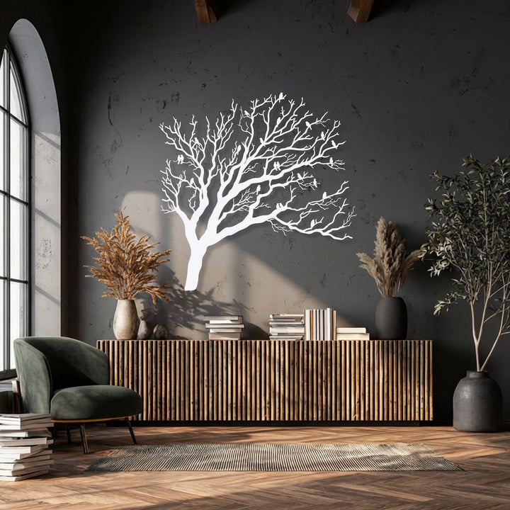 A deep charcoal textured wall forms the elegant background, featuring a white birds on bare tree branches metal decoration wall art silhouette.