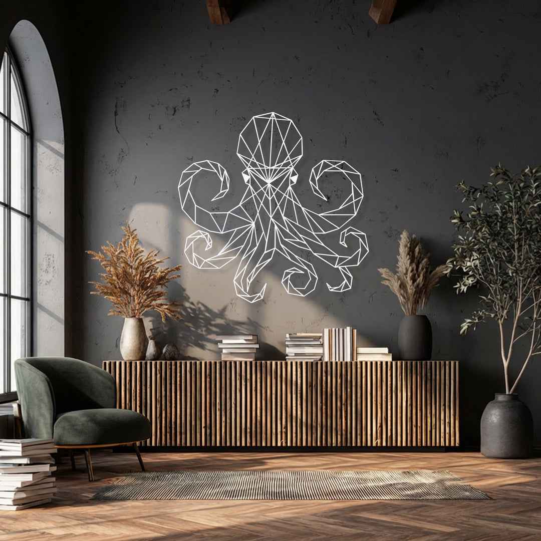 The brightest area highlights the striking white geometric octopus metal art for wall, featuring a modern marine design on a dark textured background.