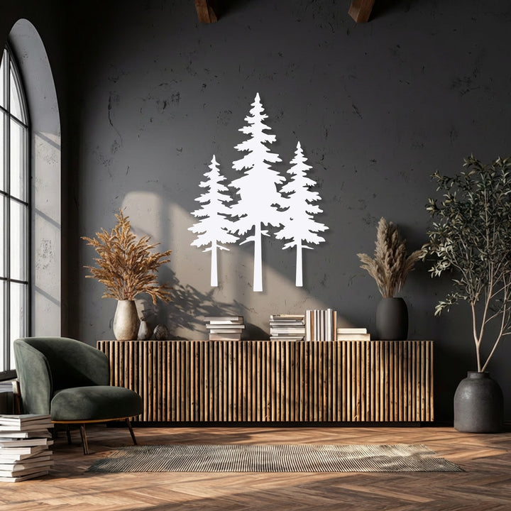 The focal point is a striking white pine forest metal art for wall, dramatically contrasting with the dark textured wall above a rustic cabinet.