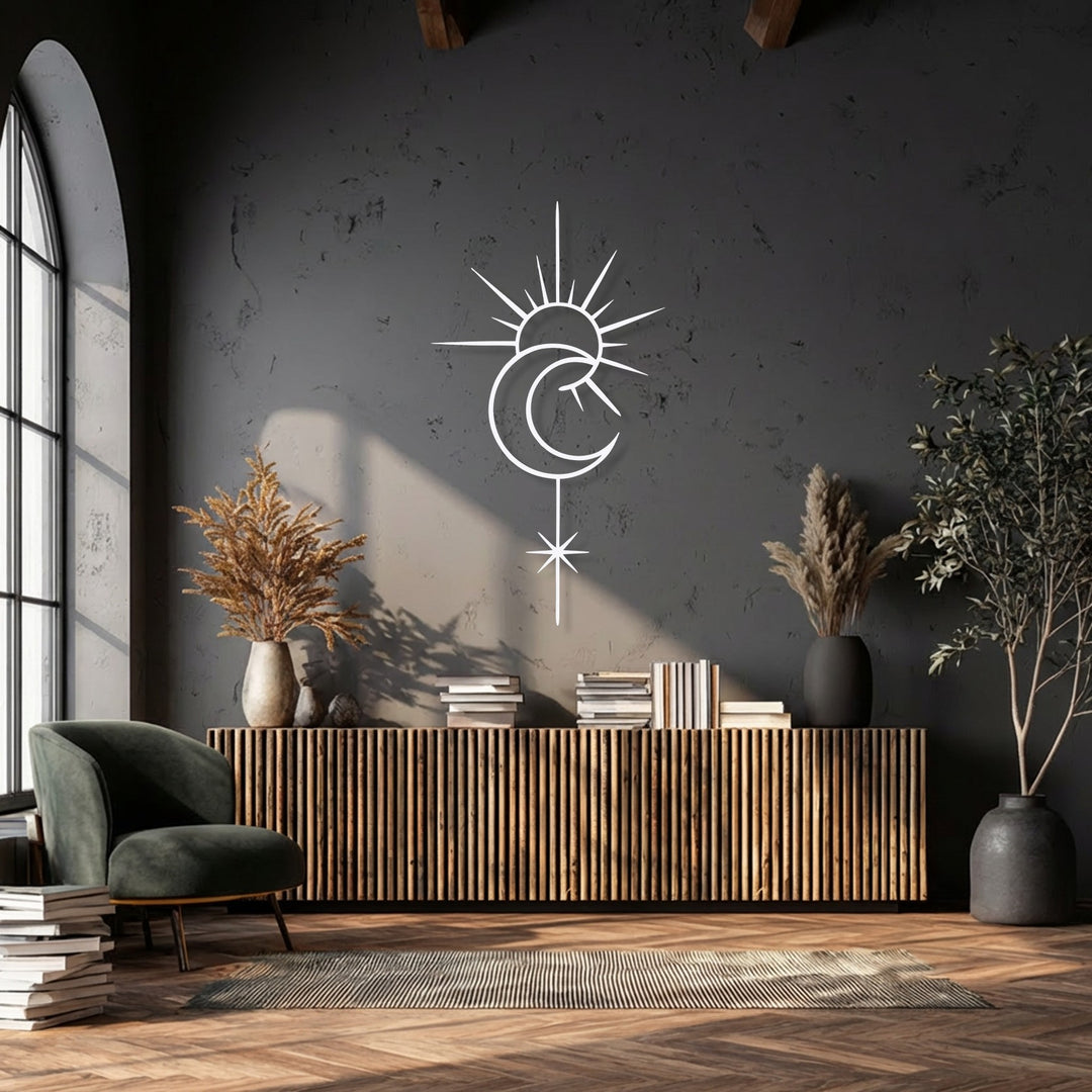 Sunlight brilliantly highlights the minimalist Celestial Sun Moon metal artwork, casting sharp shadows on the textured dark wall.