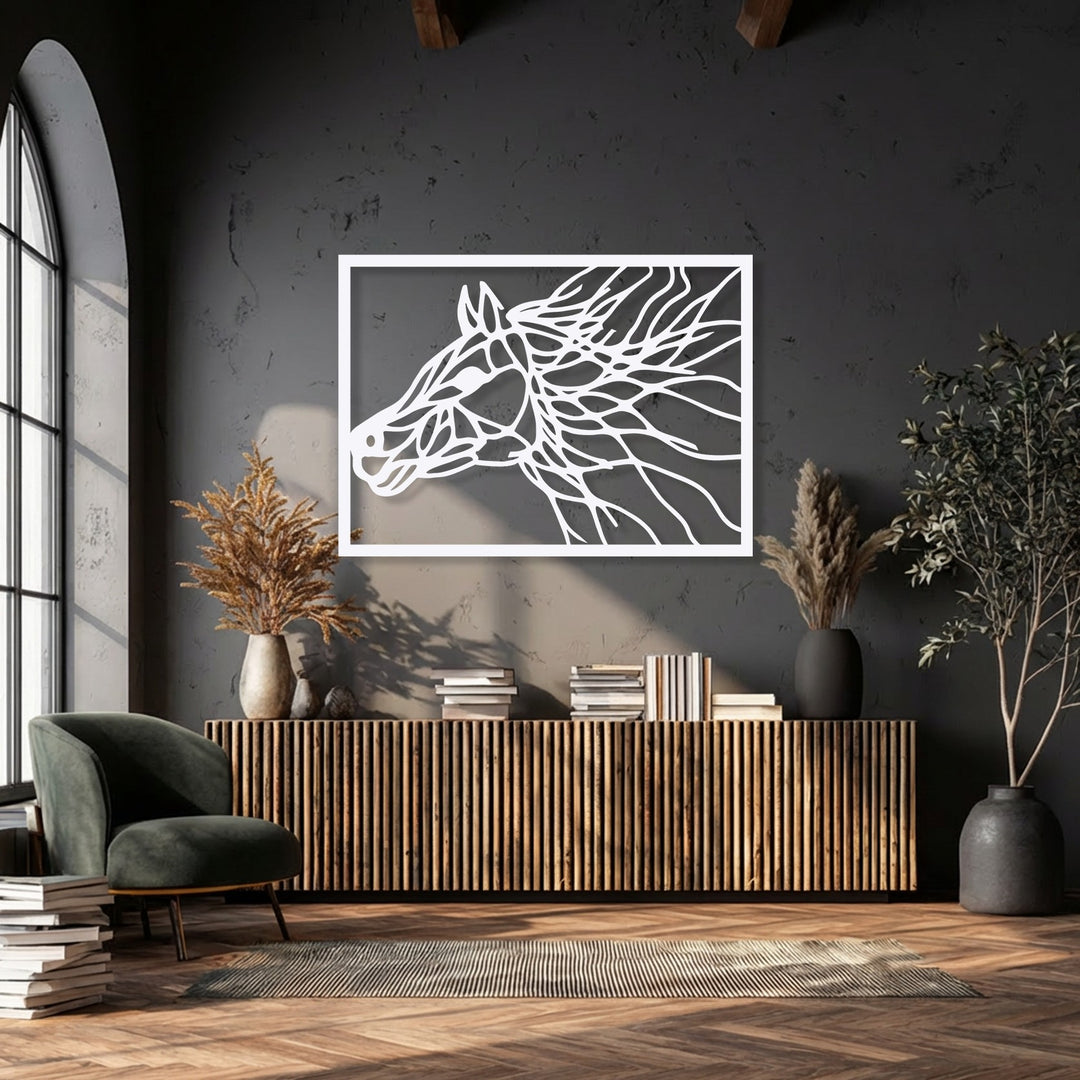 The textured dark wall and arched window background perfectly highlight the 'Wild Lines' abstract horse portrait metal art for wall.