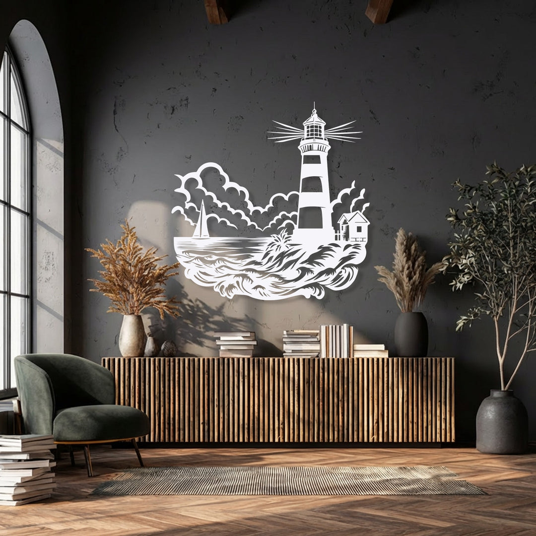 A charcoal gray, textured background wall provides a striking contrast for the decorative metal art depicting a coastal lighthouse scene with ocean waves.