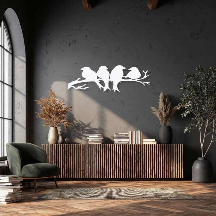 This peaceful metal art for wall depicts four quiet companion birds on a branch, creating a tranquil and inviting atmosphere.