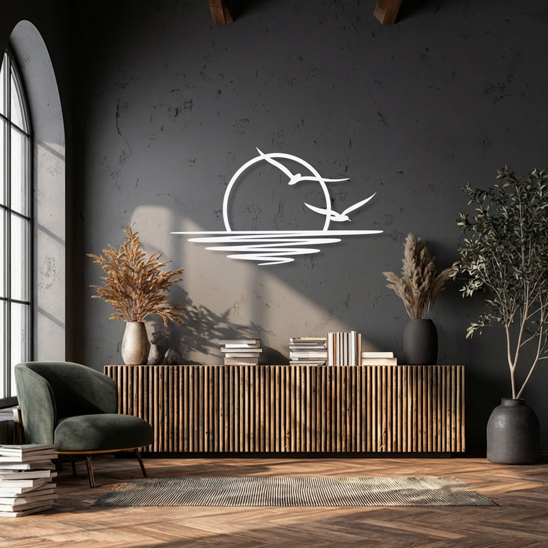 Abstract white silhouettes of a serene sunset and two flying seagulls, creating captivating metal art for wall decor with a minimalist appeal.