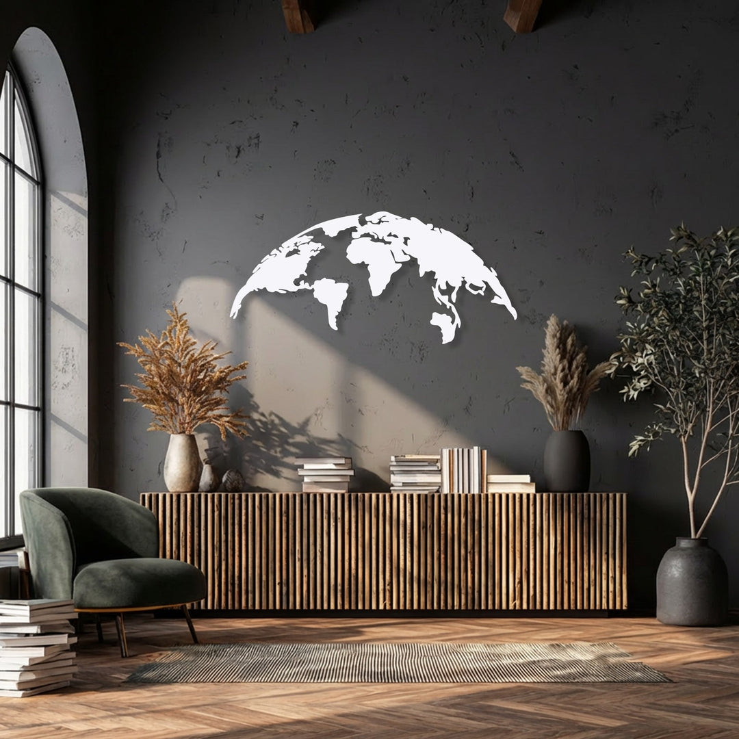 The crisp, white matte finish of the World Map Metal Wall Art enhances this stunning decoration wall art, offering a modern global silhouette.