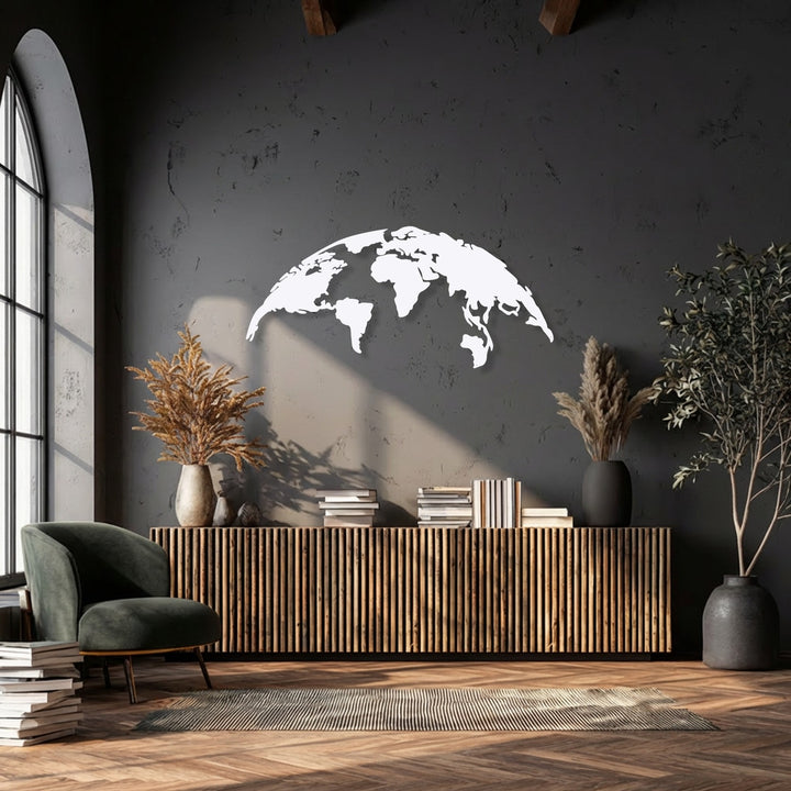 The crisp, white matte finish of the World Map Metal Wall Art enhances this stunning decoration wall art, offering a modern global silhouette.