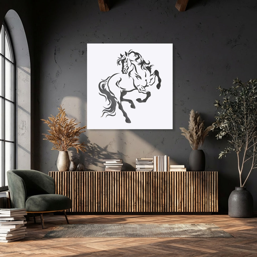 The clear layering effect showcases the Rearing Horse Silhouette Metal Wall Art over a textured wall, adding depth to the room's decoration wall art.