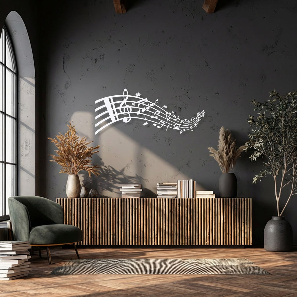 A deep gray wall showcases elegant white flowing musical notes metal art for wall, featuring a prominent treble clef.