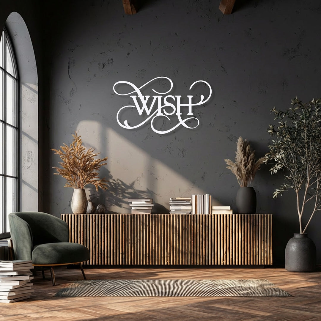 The flowing script of the elegant 'Wish' decorative metal art on a textured wall evokes a graceful, continuous sense of motion.