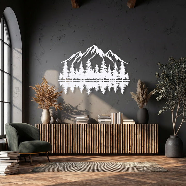 A horizontally oriented white mountain forest reflection metal wall decor, intricately shaped as a serene nature landscape.