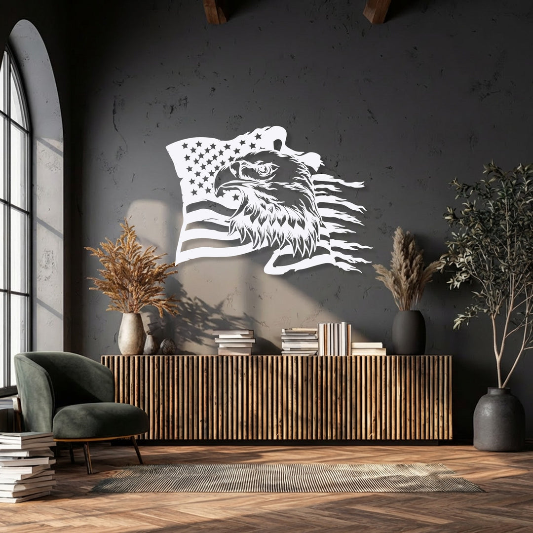 Geometric elements of stars, stripes, and an angular eagle define the powerful American flag metal artwork, complemented by a curved window and vertical console lines.